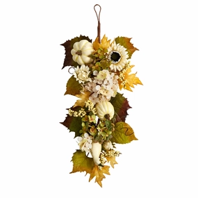 33" Fall Sunflower Hydrangea and Pumpkin Teardrop Faux Florals best price deals