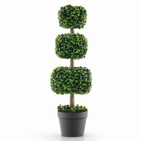 35 Inch Artificial Boxwood Topiary Ball Tree with Cement-filled Pot-Green Faux Florals home florals discount