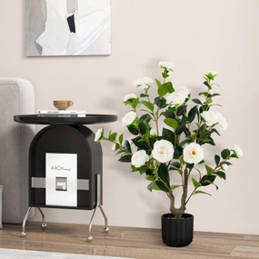 38 Inch Artificial Camellia Tree Faux Flower Plant in Cement Pot-White Faux Florals home florals discount