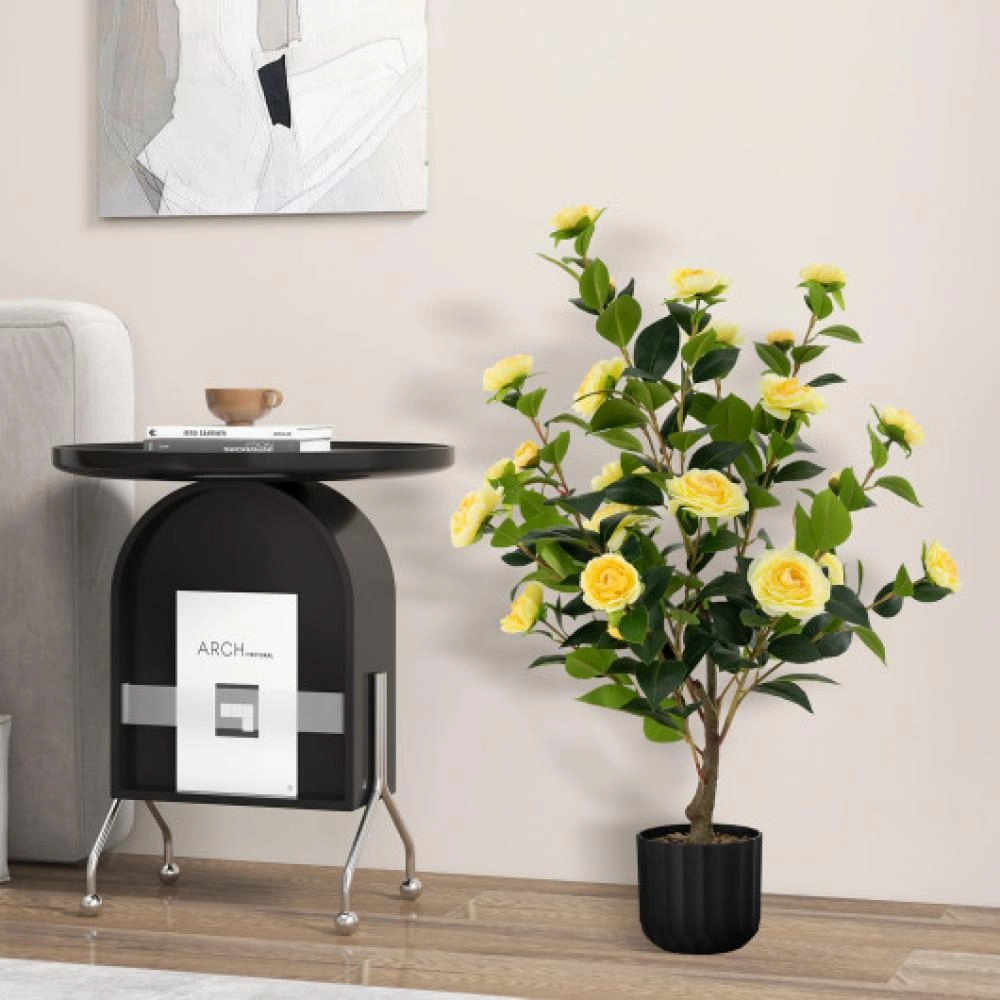 38 Inch Artificial Camellia Tree Faux Flower Plant in Cement Pot-White