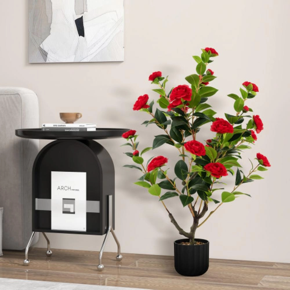 38 Inch Artificial Camellia Tree Faux Flower Plant in Cement Pot-White