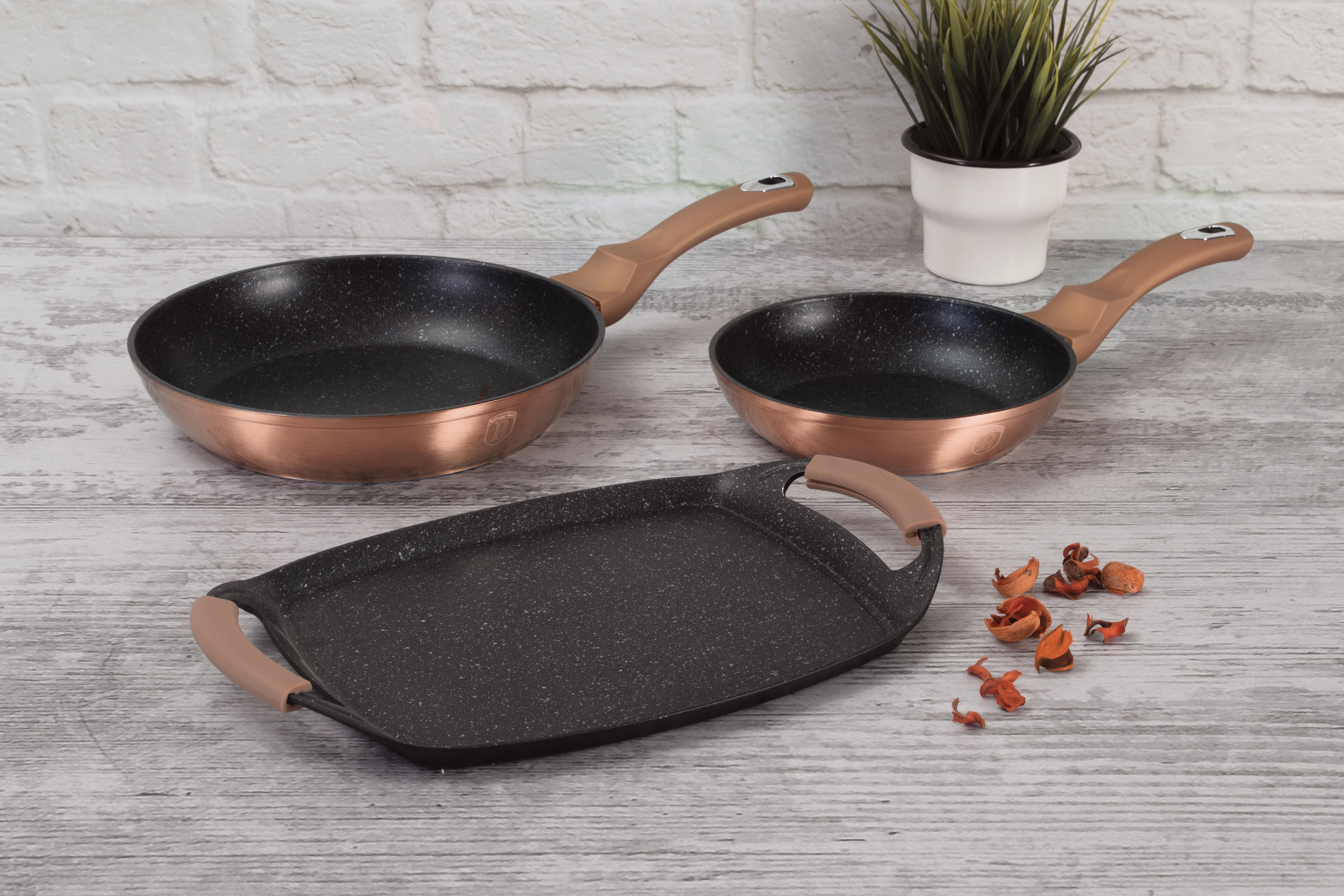 3-Piece Frypan Grill Plate Set w/ 2 pcs Heat Resistant Silicon Handle Rose Gold Collection