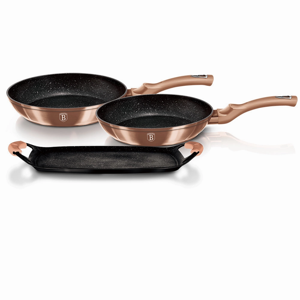 3-Piece Frypan Grill Plate Set w/ 2 pcs Heat Resistant Silicon Handle Rose Gold Collection
