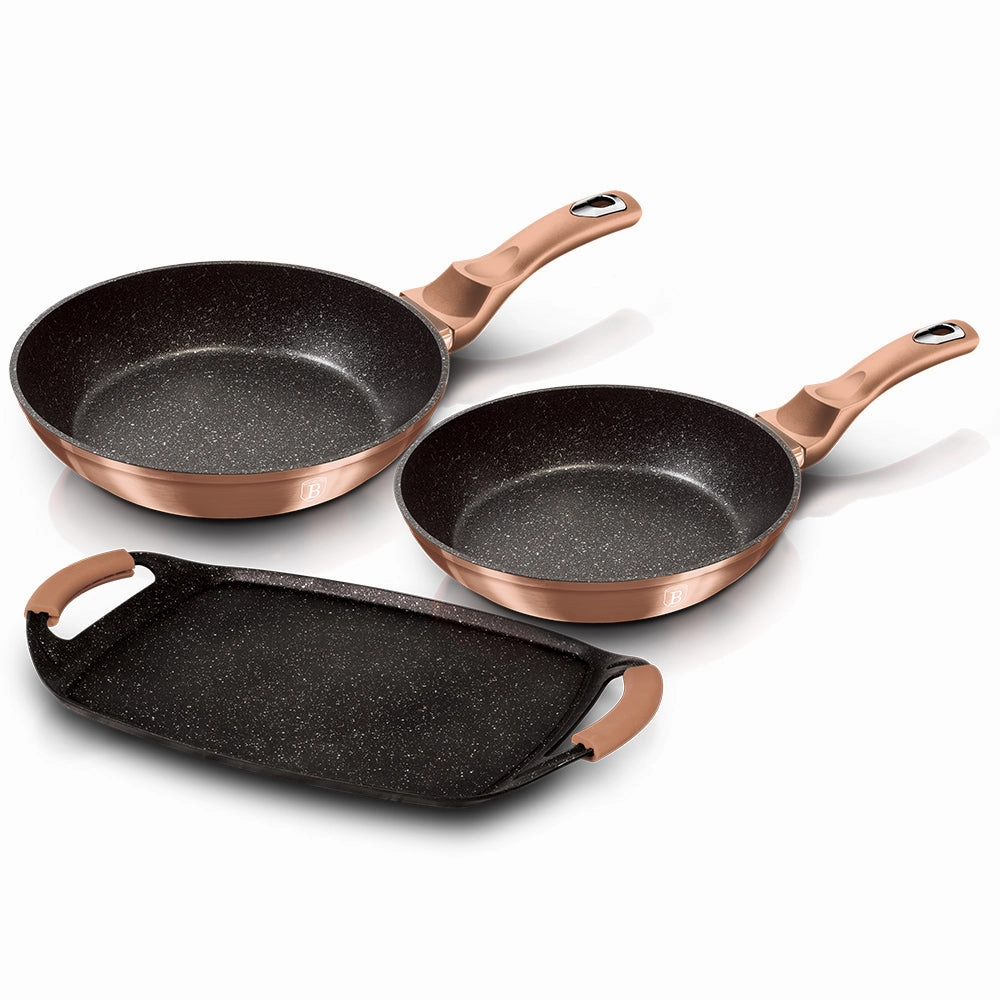 3-Piece Frypan Grill Plate Set w/ 2 pcs Heat Resistant Silicon Handle Rose Gold Collection