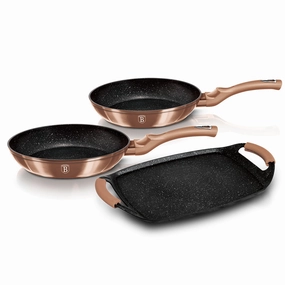 3-Piece Frypan Grill Plate Set w/ 2 pcs Heat Resistant Silicon Handle Rose Gold Collection Cookware holiday sale