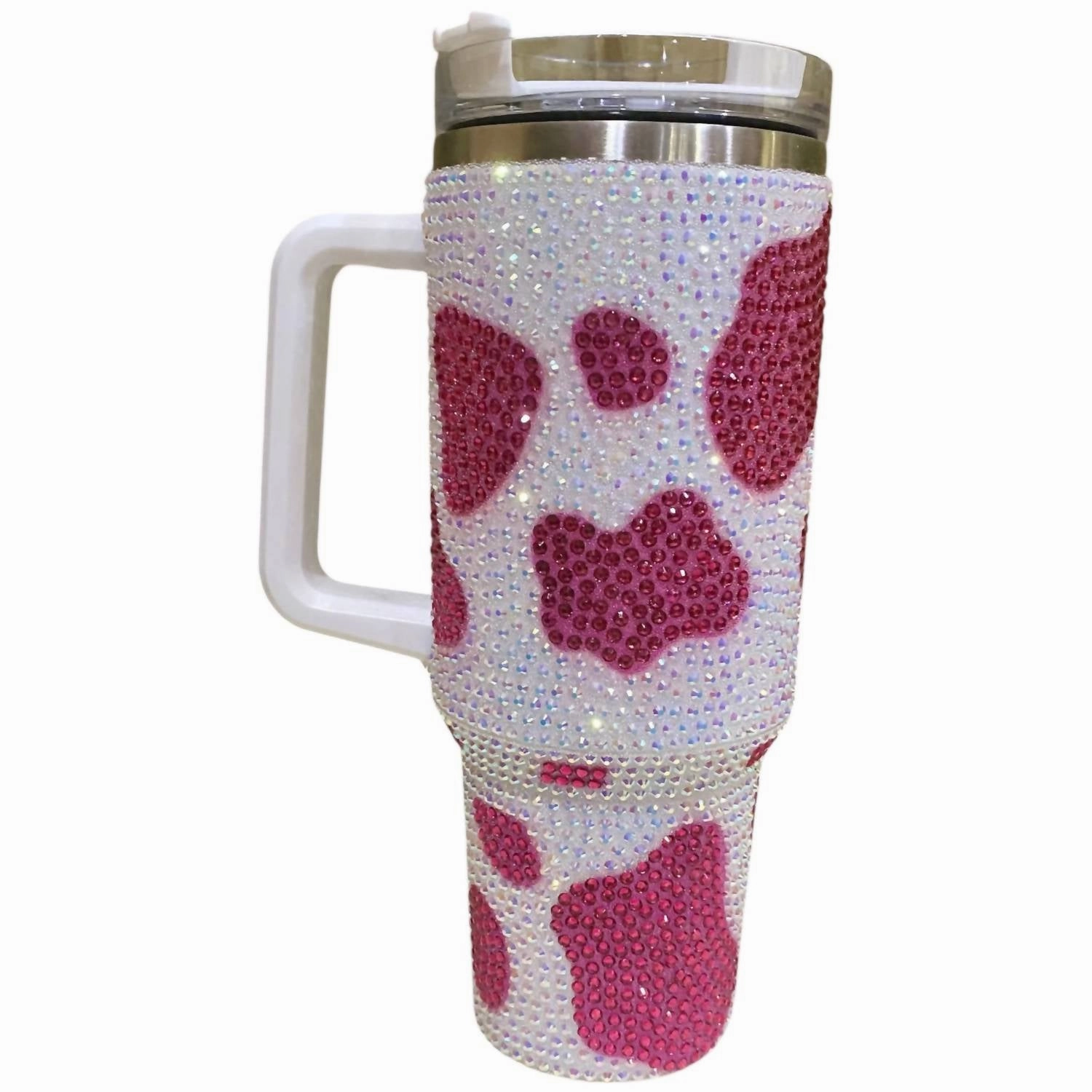 40 Oz Cow Print Rhinestone Tumbler In Pink/white