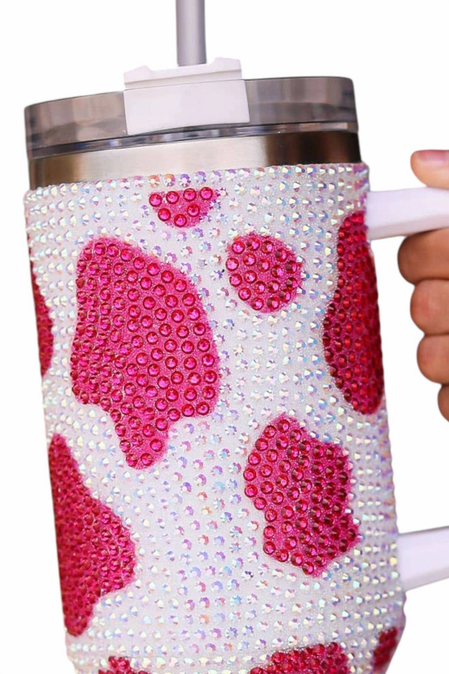 40 Oz Cow Print Rhinestone Tumbler In Pink/white