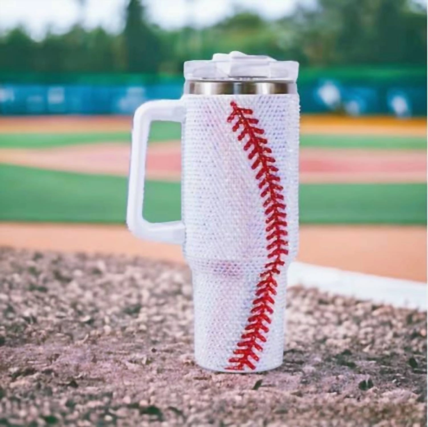 40Oz Rhinestone Baseball Tumbler With Handle & Straw In White
