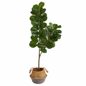 4.5' Fiddle Leaf Fig Tree in Boho Chic White Woven Planter Faux Florals best price deals