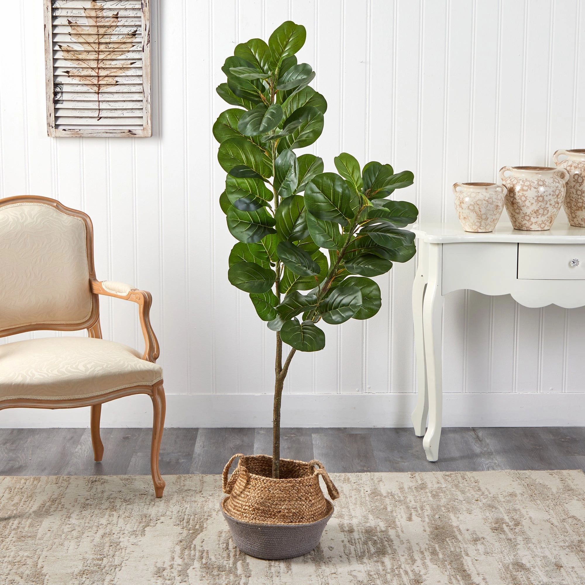 4.5' Fiddle Leaf Fig Tree in Boho Chic White Woven Planter