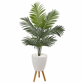 4.5' Kentia Artificial Palm Tree in White Planter with Legs Faux Florals floral decor outlet
