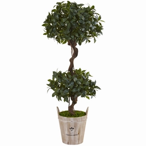 4.5' Sweet Bay Double Topiary Tree in Farmhouse Planter Faux Florals best price deals