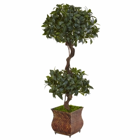 4.5' Sweet Bay Double Topiary Tree in Metal Planter Faux Florals floral decor outlet