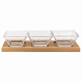 4 Mouth Blown Crystal Hostess Set   4 Pc With 3 Glass Condiment Or Dip Bowls On A Wood Tray Cooking Tools & Accessories clearance kits