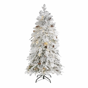 5' Flocked Spruce Christmas Tree with 100 Clear LED Lights Faux Florals best price deals