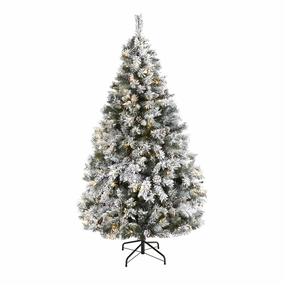 6' Flocked White Christmas Tree w/Pinecones 250 LED 628 Tips Faux Florals best price deals