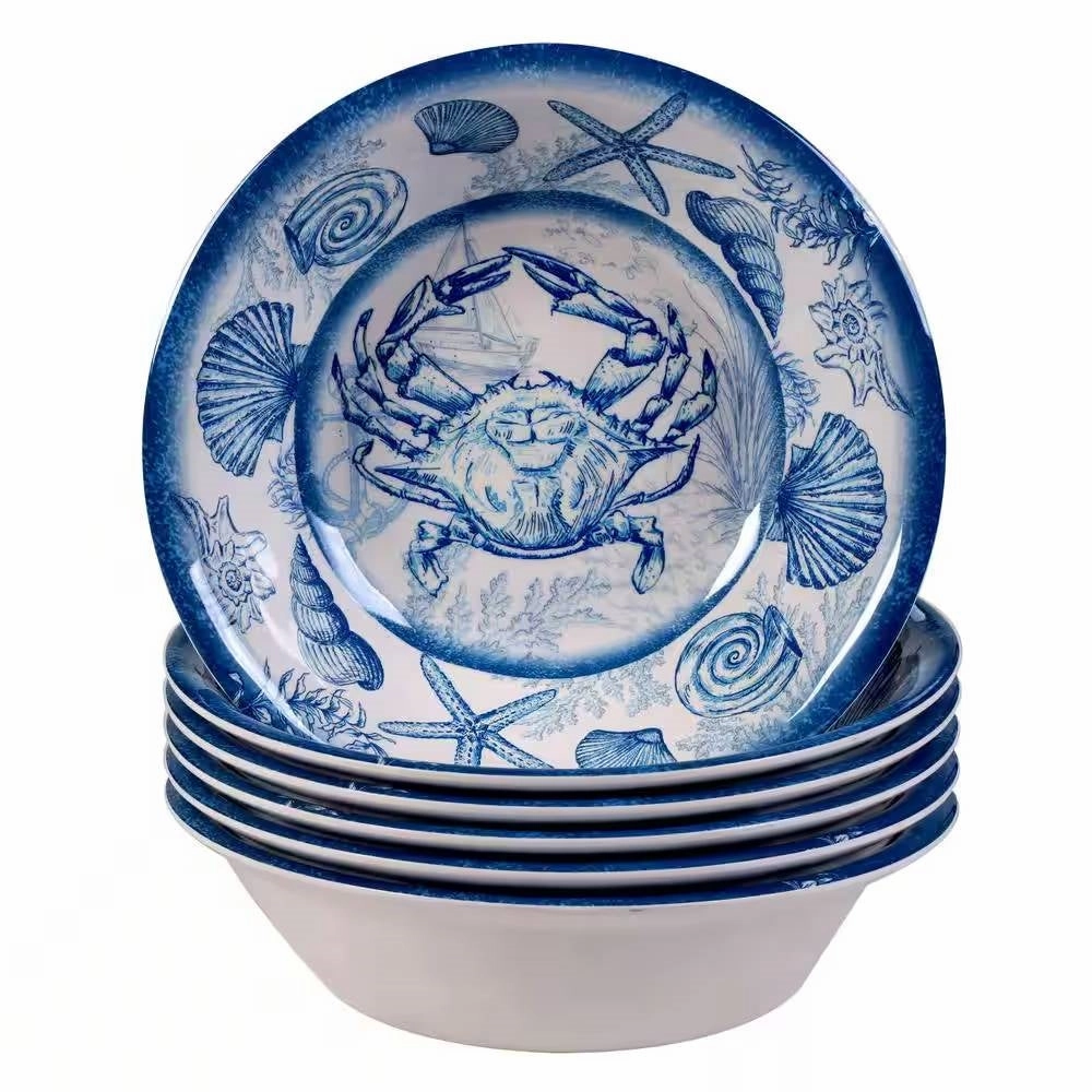 6-Piece Dinner Bowl Set with Blue White Ocean Sea Shells Crab Starfish Pattern Cooking Tools & Accessories buy more save more