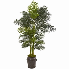 7' Golden Cane Artificial Palm Tree in Metal Planter Faux Florals best price deals