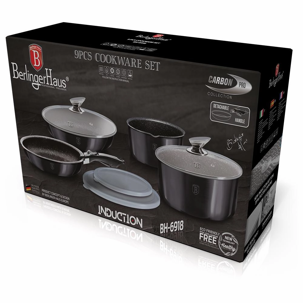 9-Pieces Cookware Set w/ Detached Ergonomic Handle Carbon Pro Collection