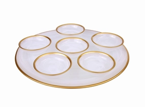 Alabaster White Seder Plate With Gold Rim - 12.75"D X 4.25"H Serveware deals online