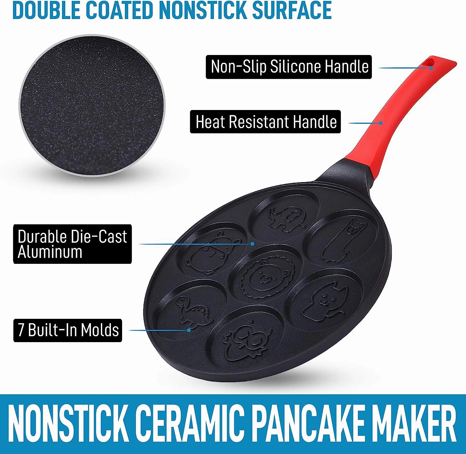 Animal Face Designs Pancake Pan Nonstick Surface & Comfortable Handle