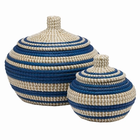 Arley Seagrass Baskets With Lid (Blue/Natural) Set/2 Decorative Baskets clearance deals