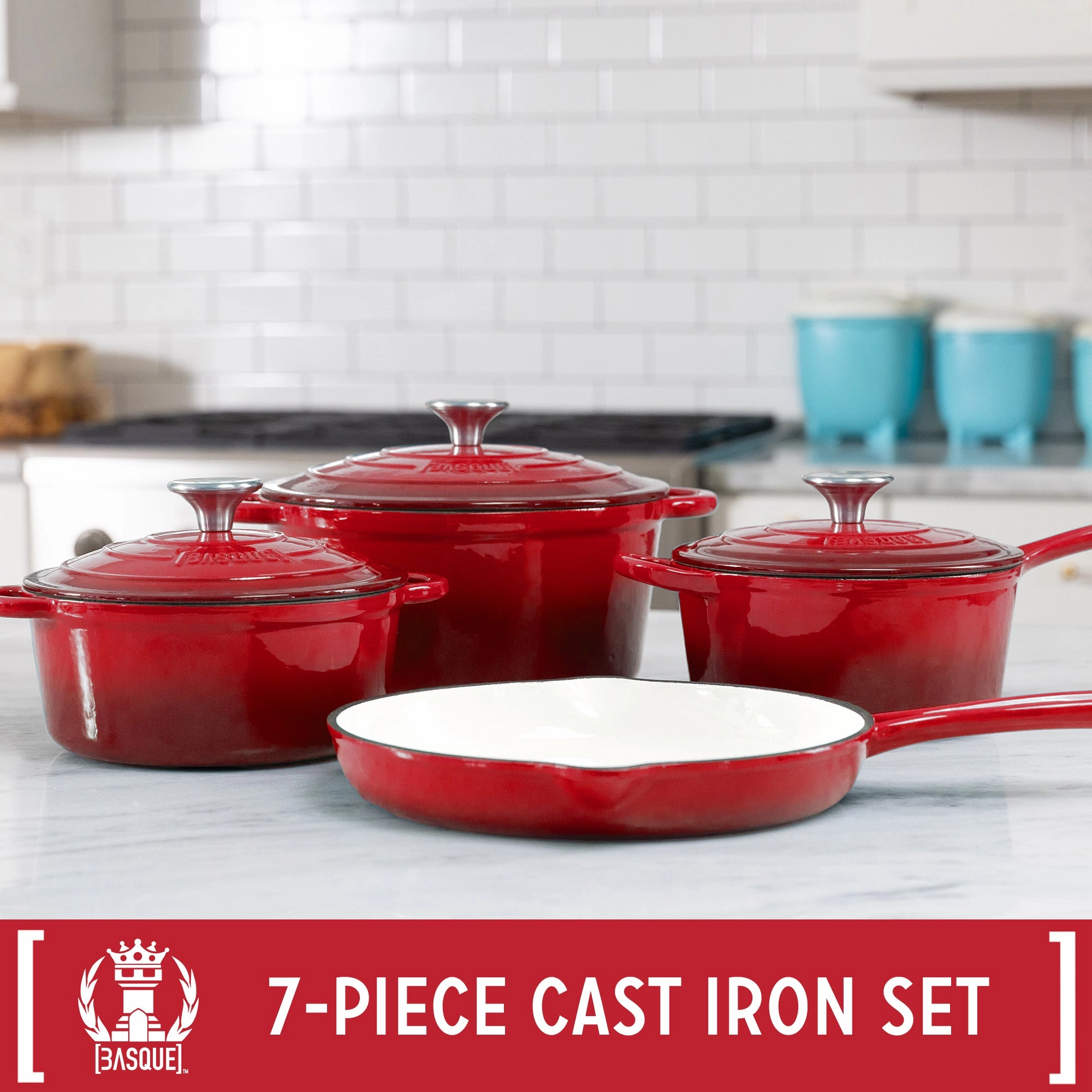 Basque Enameled Cast Iron Cookware Set, 7-Piece Set