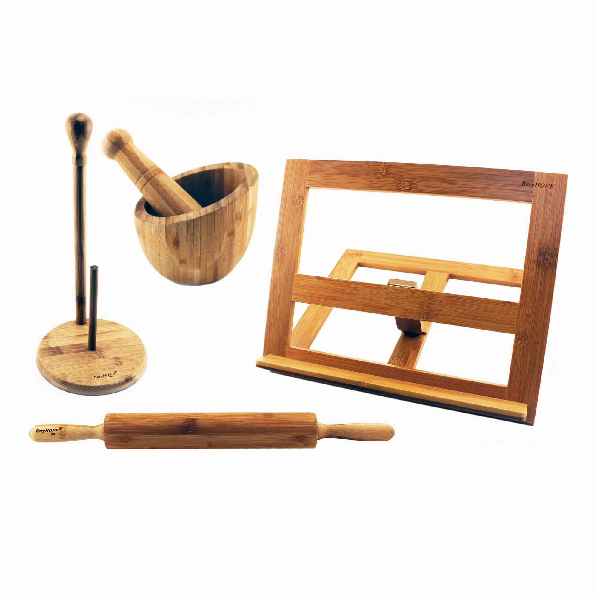 BergHOFF Bamboo Kitchen Set 4pc (Cook Book Holder, Garlic Bowl, Paper Towel Holder, & Rolling Pin) Cooking Tools & Accessories mega discount