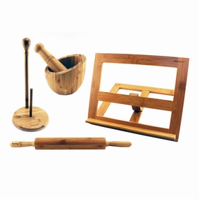 BergHOFF Bamboo Kitchen Set 4pc (Cook Book Holder, Garlic Bowl, Paper Towel Holder, & Rolling Pin) Cooking Tools & Accessories mega discount