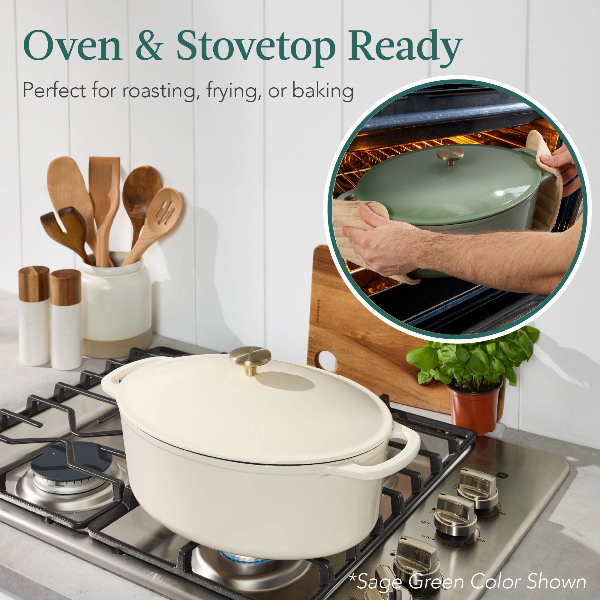 Best Choice Products Oval 7.5 Quart Cast-Iron Dutch Oven, Heavy-Duty w/ Enamel, Side Handles - Vanilla Buttercream