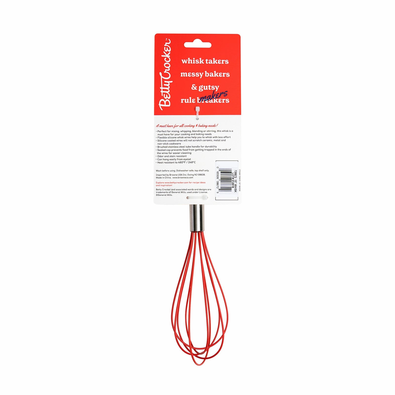 Betty CrockerSilicone Coated 10 Inch Whisk, Red/Stainless Steel