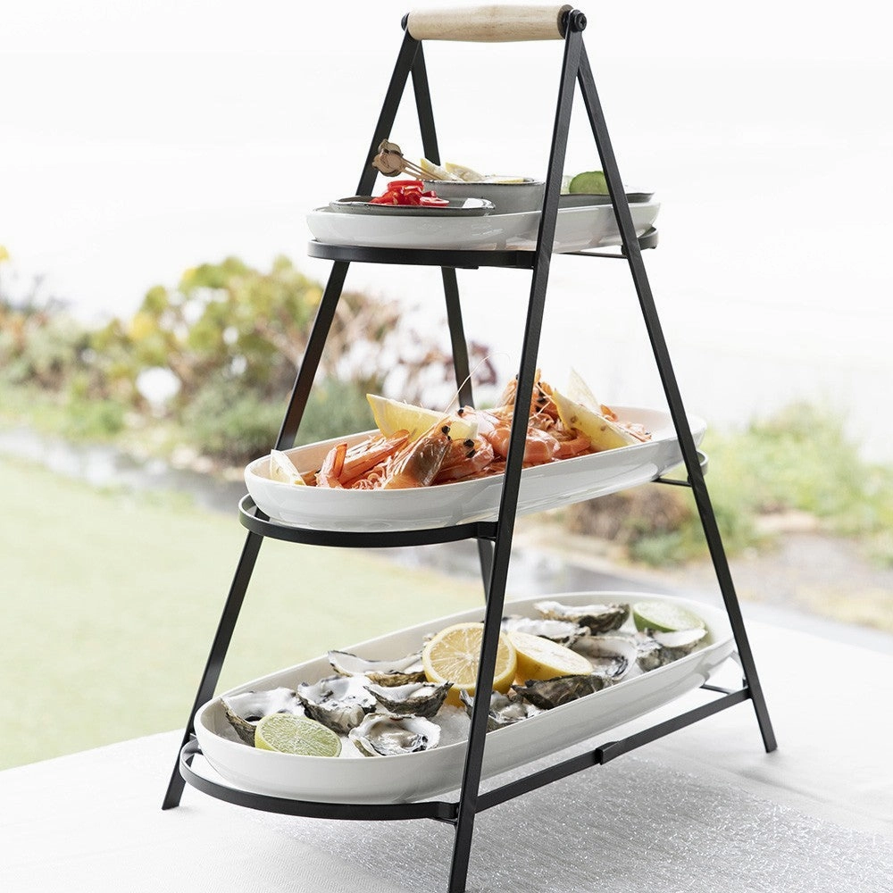 Black 3 Tier Serving Stand with White Platters