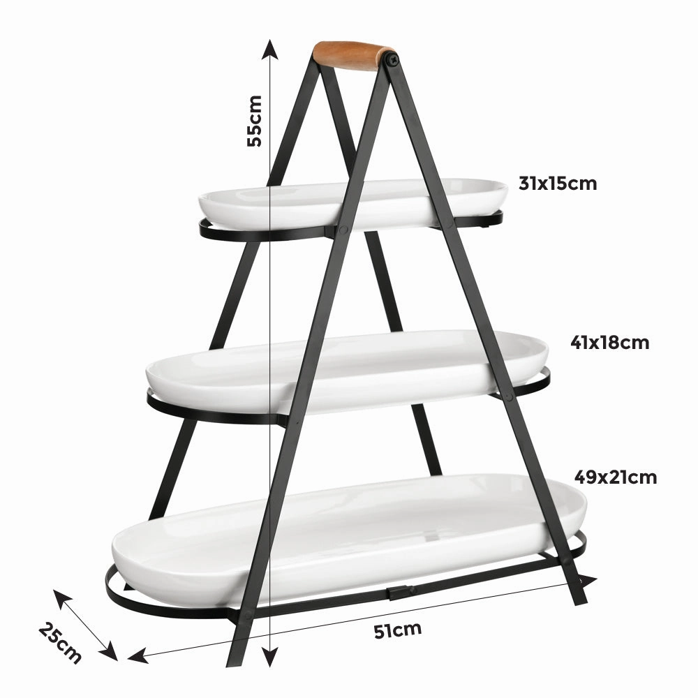 Black 3 Tier Serving Stand with White Platters