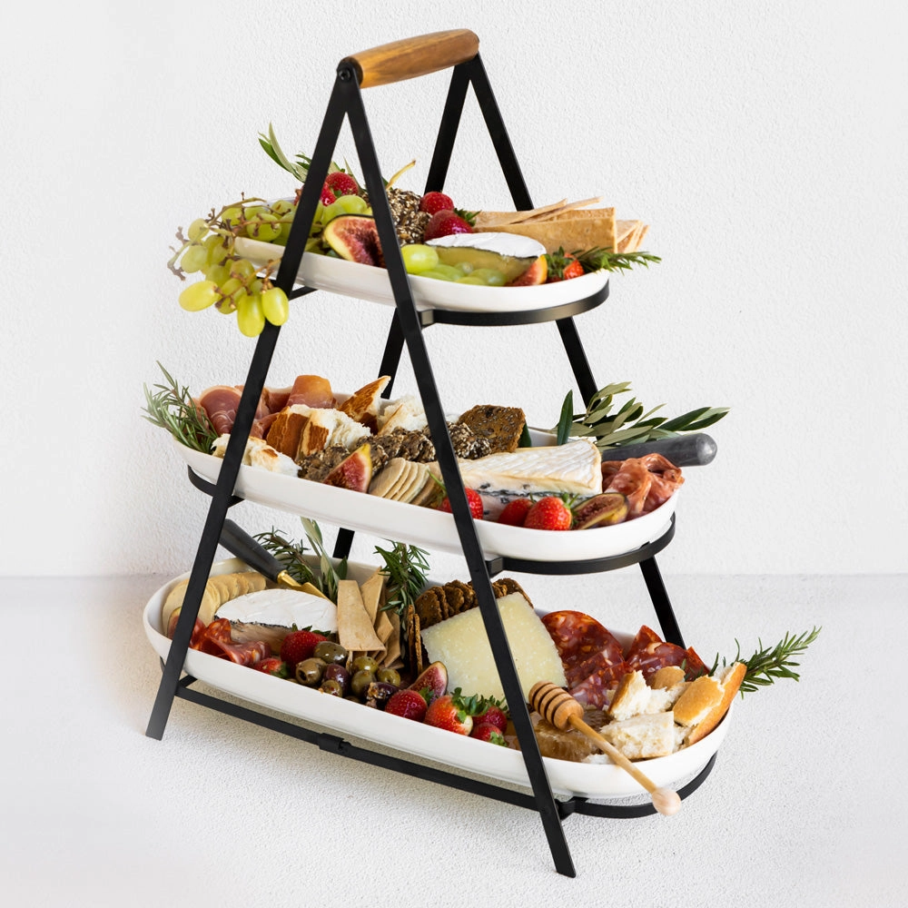 Black 3 Tier Serving Stand with White Platters