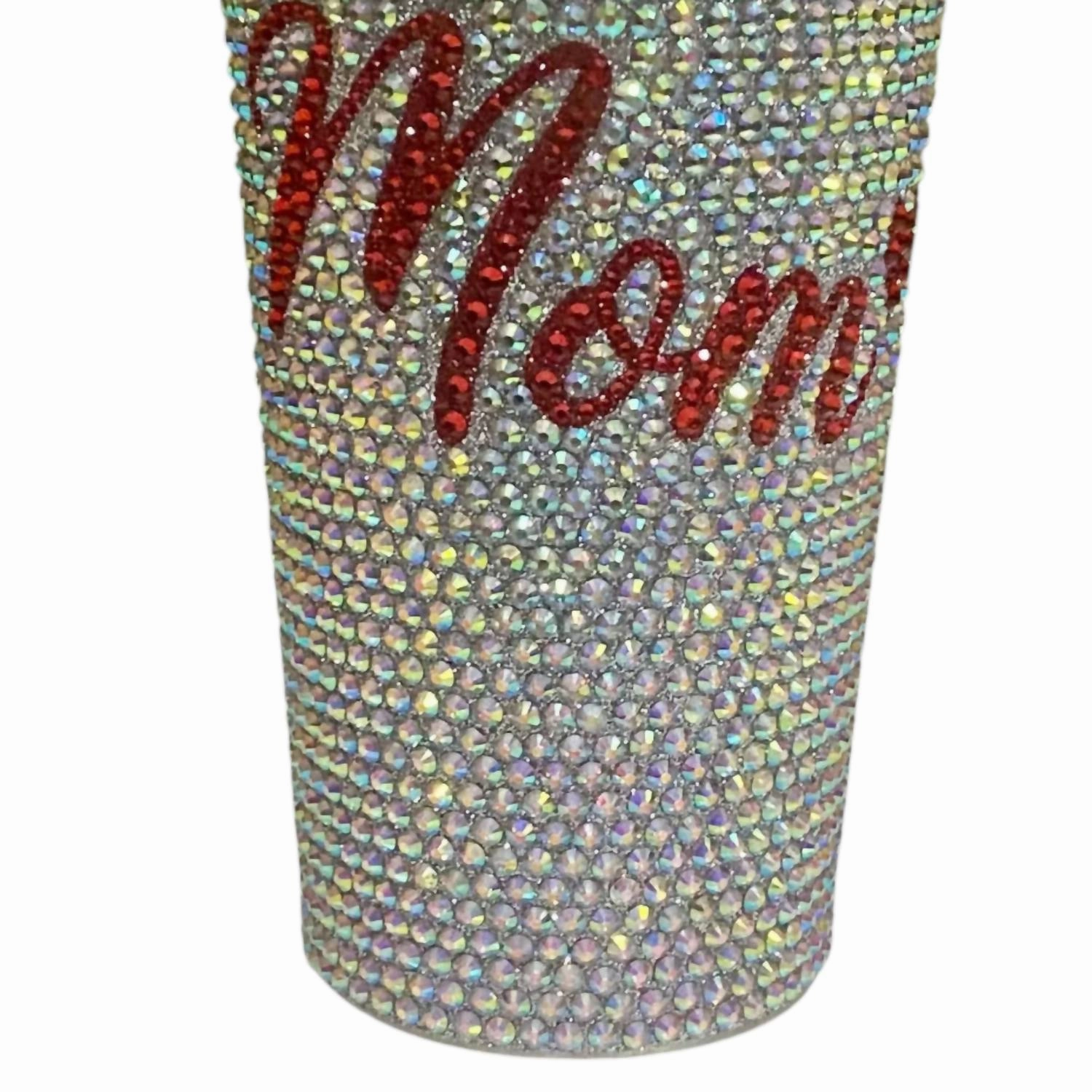 Blinged Out "mom" Rhinestone Tumbler 17 Oz With Metal Straw In Silver