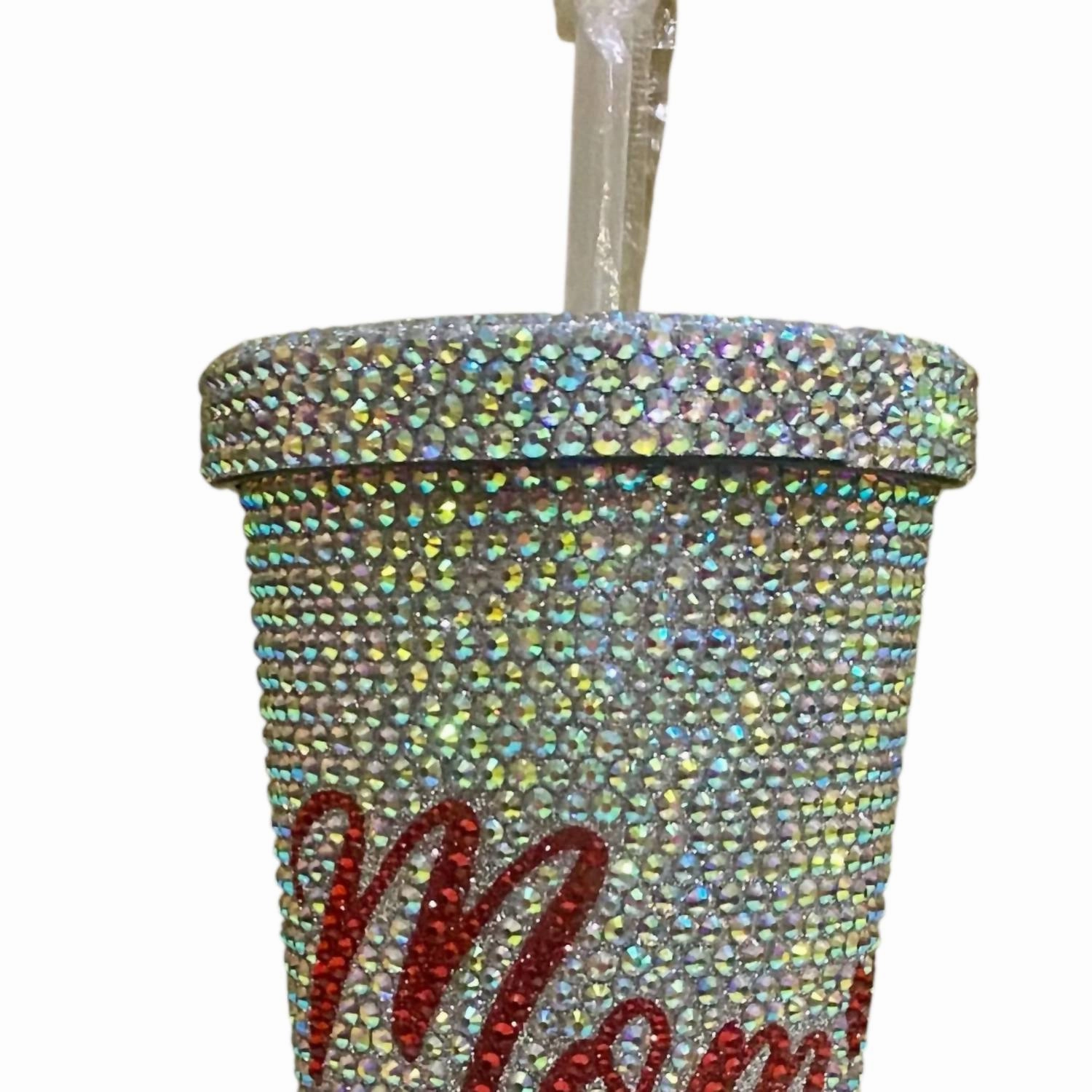 Blinged Out "mom" Rhinestone Tumbler 17 Oz With Metal Straw In Silver