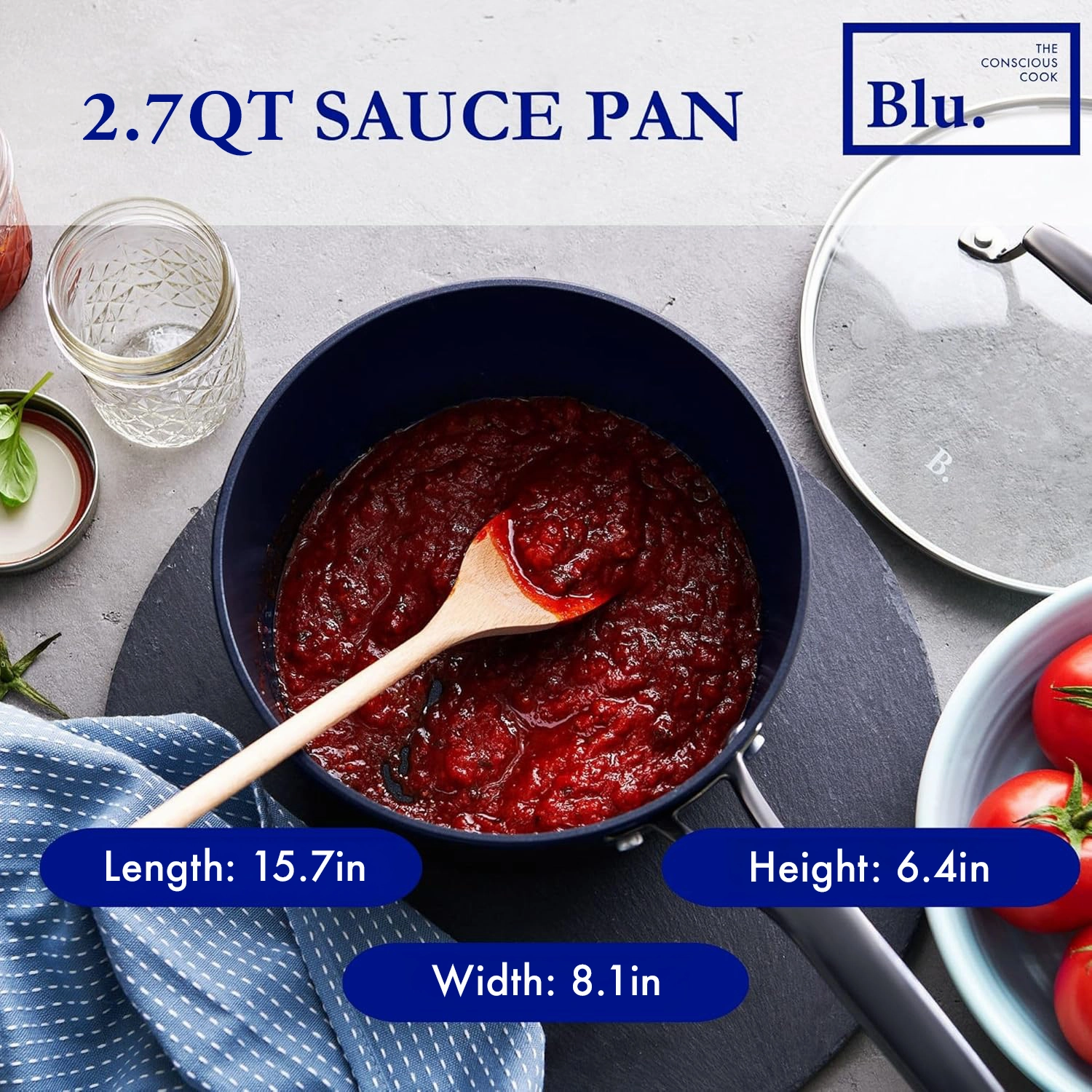 Blu. Cookware 2.7QT Nonstick Sauce Pan with Lid, Non-Toxic