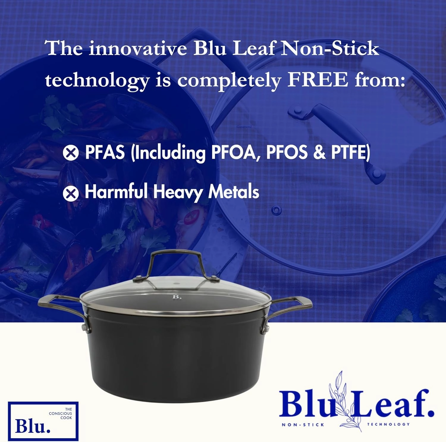 Blu. Cookware 4.5QT Casserole Pot with Lid, Non-Toxic