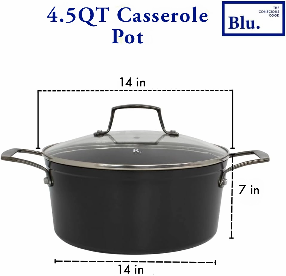 Blu. Cookware 4.5QT Casserole Pot with Lid, Non-Toxic