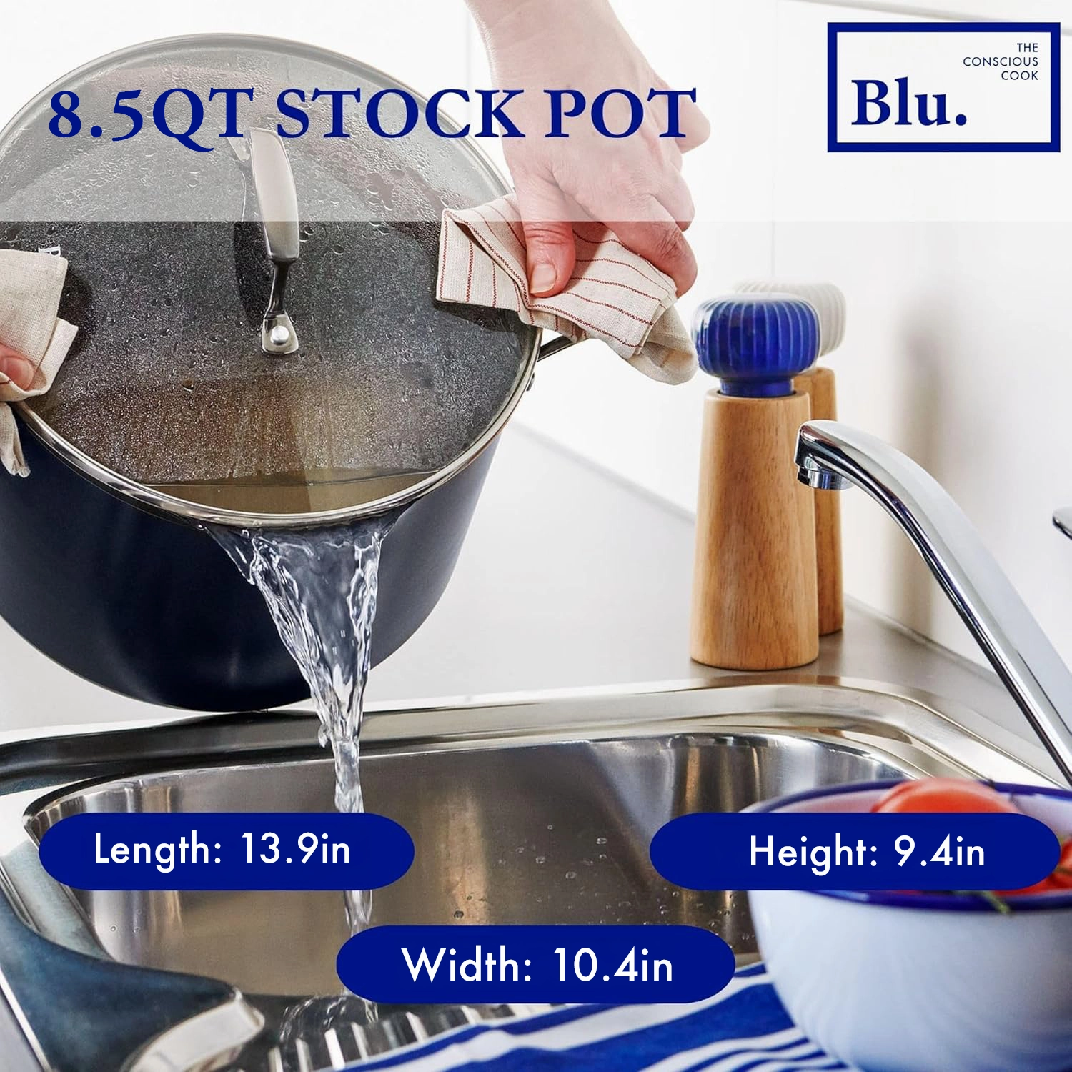 Blu. Cookware 8.5QT Stock Pot with Double Strainer Lid, Non-Toxic