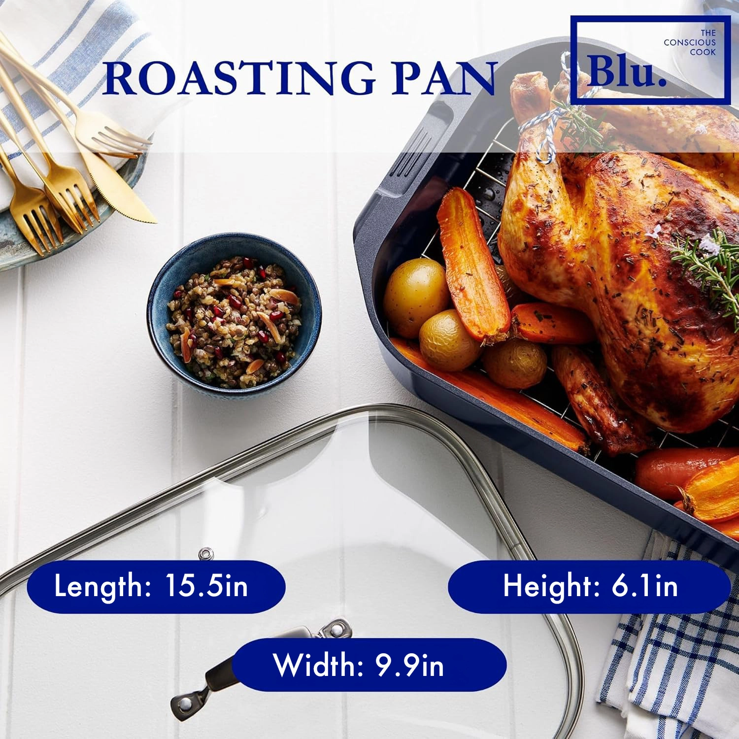 Blu. Cookware Roasting Pan with Lid and Roasting Rack, Non-Toxic