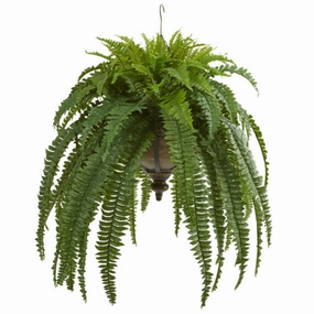 Boston Fern Artificial Plant in Metal Hanging Bowl 39" Faux Florals home florals discount