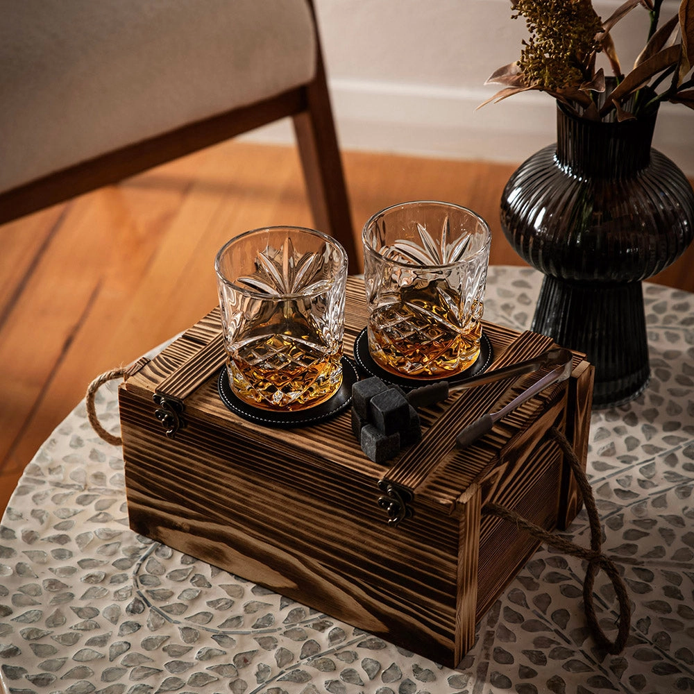 Boxed Whiskey Set - Glasses with Coasters & Ice Stones