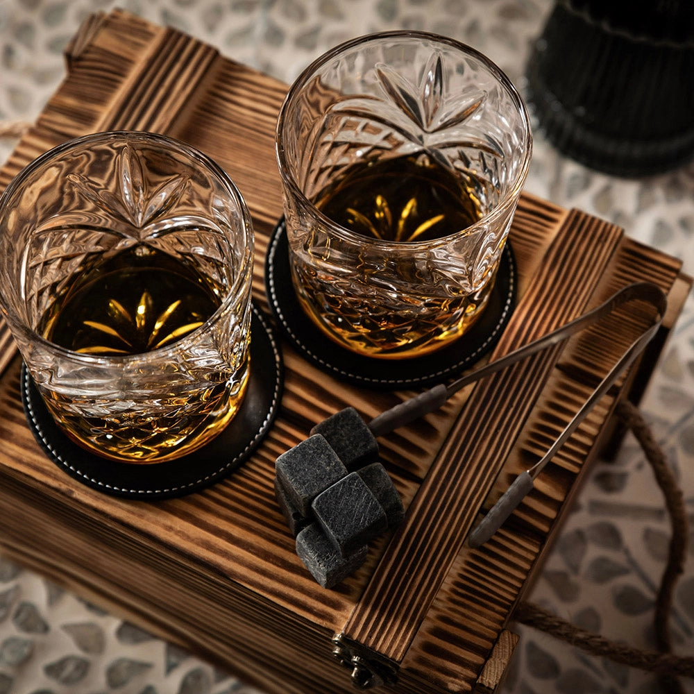 Boxed Whiskey Set - Glasses with Coasters & Ice Stones