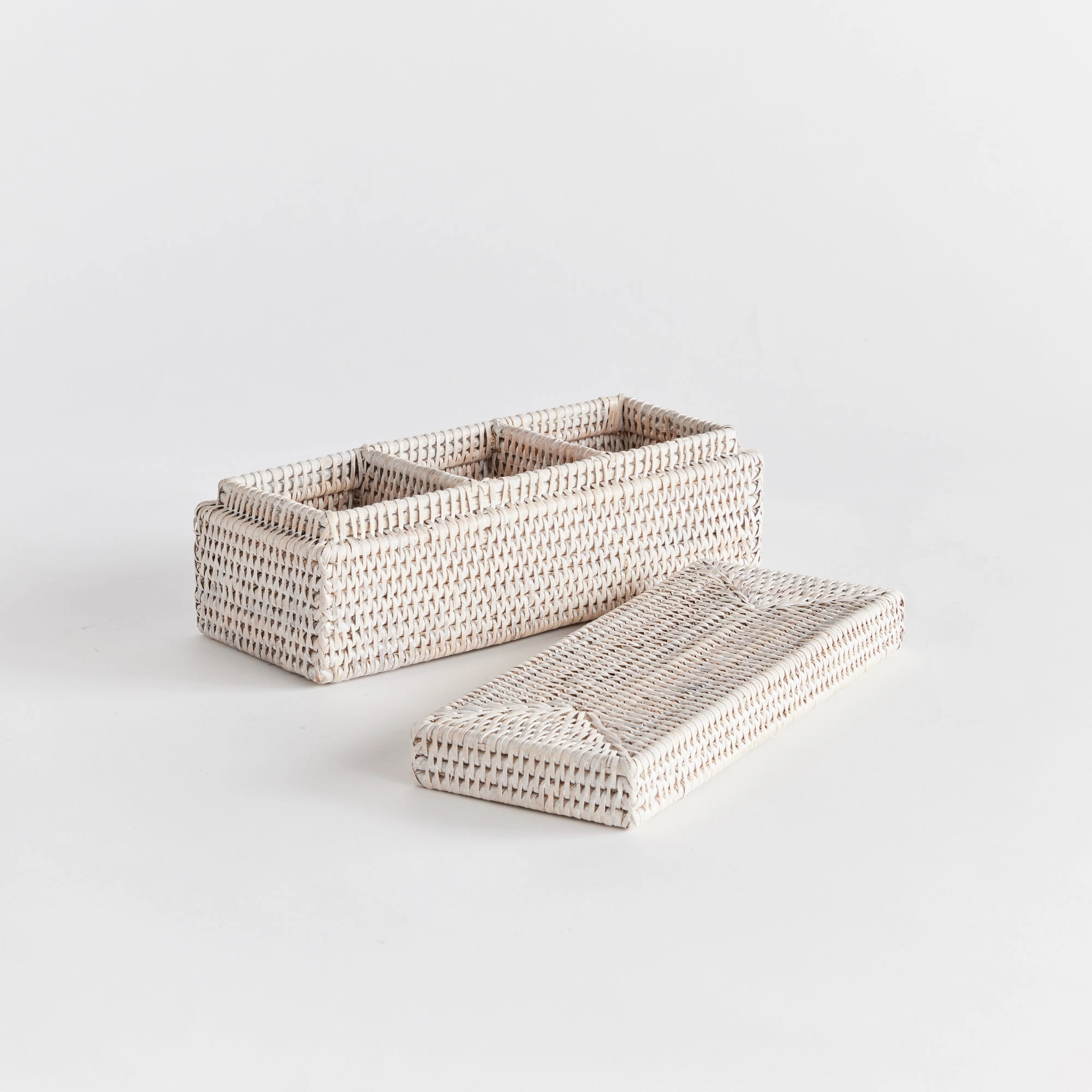 Burma Rattan 3-Compartment Lidded Box (Whitewash)