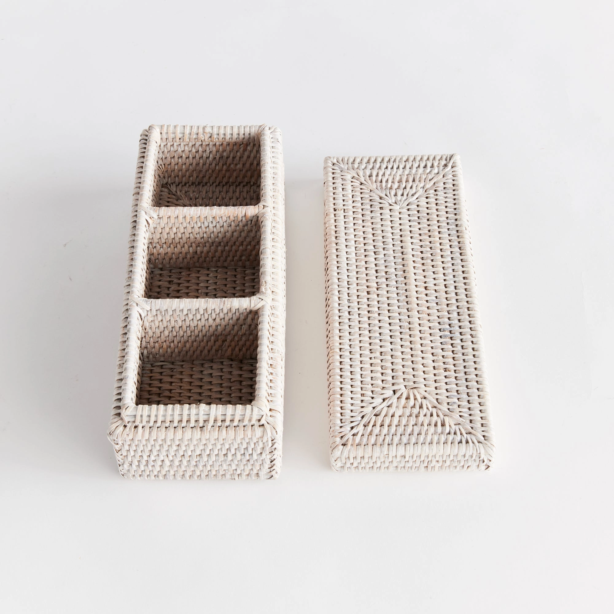 Burma Rattan 3-Compartment Lidded Box (Whitewash)