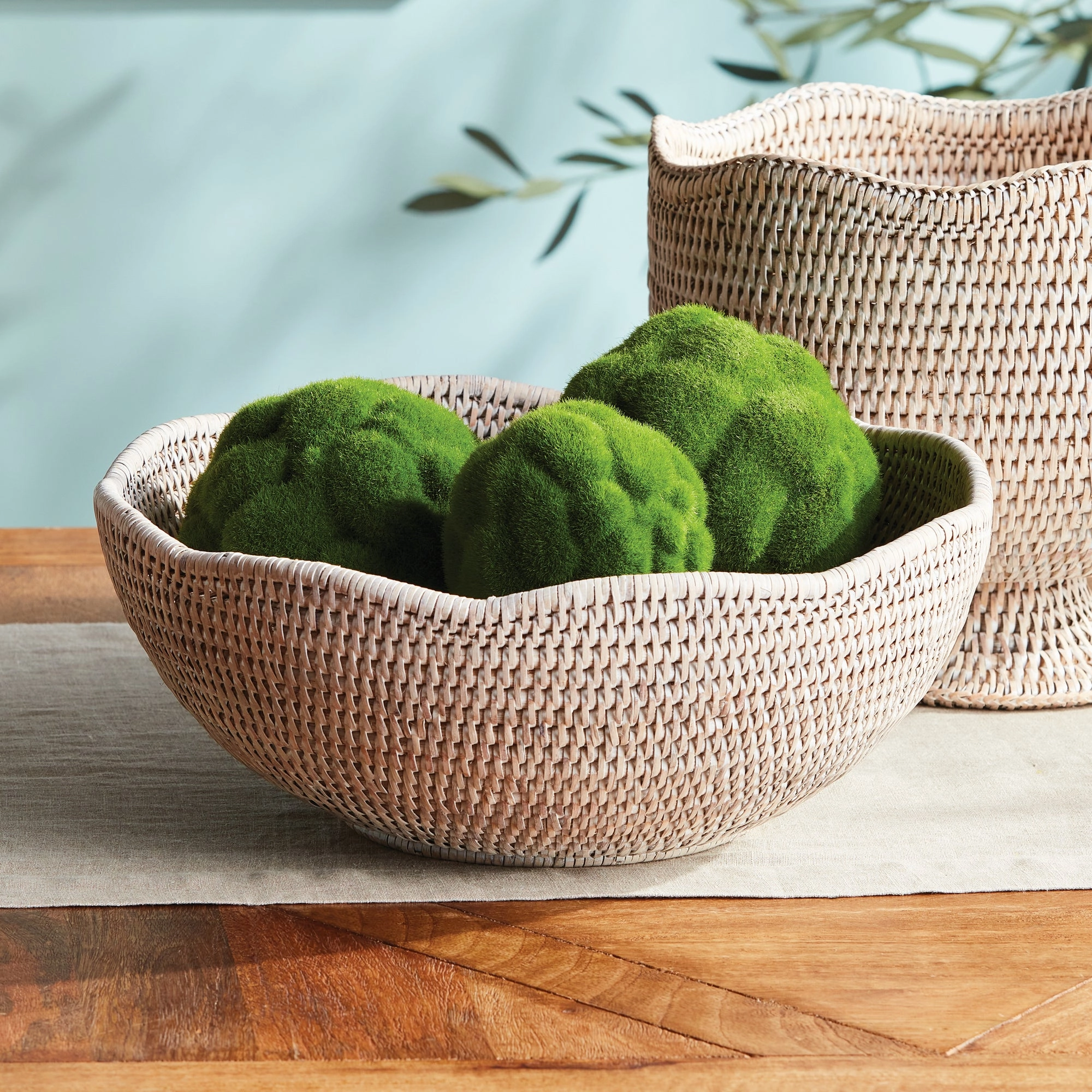 Burma Rattan Scalloped Edge Bowl (Whitewash)