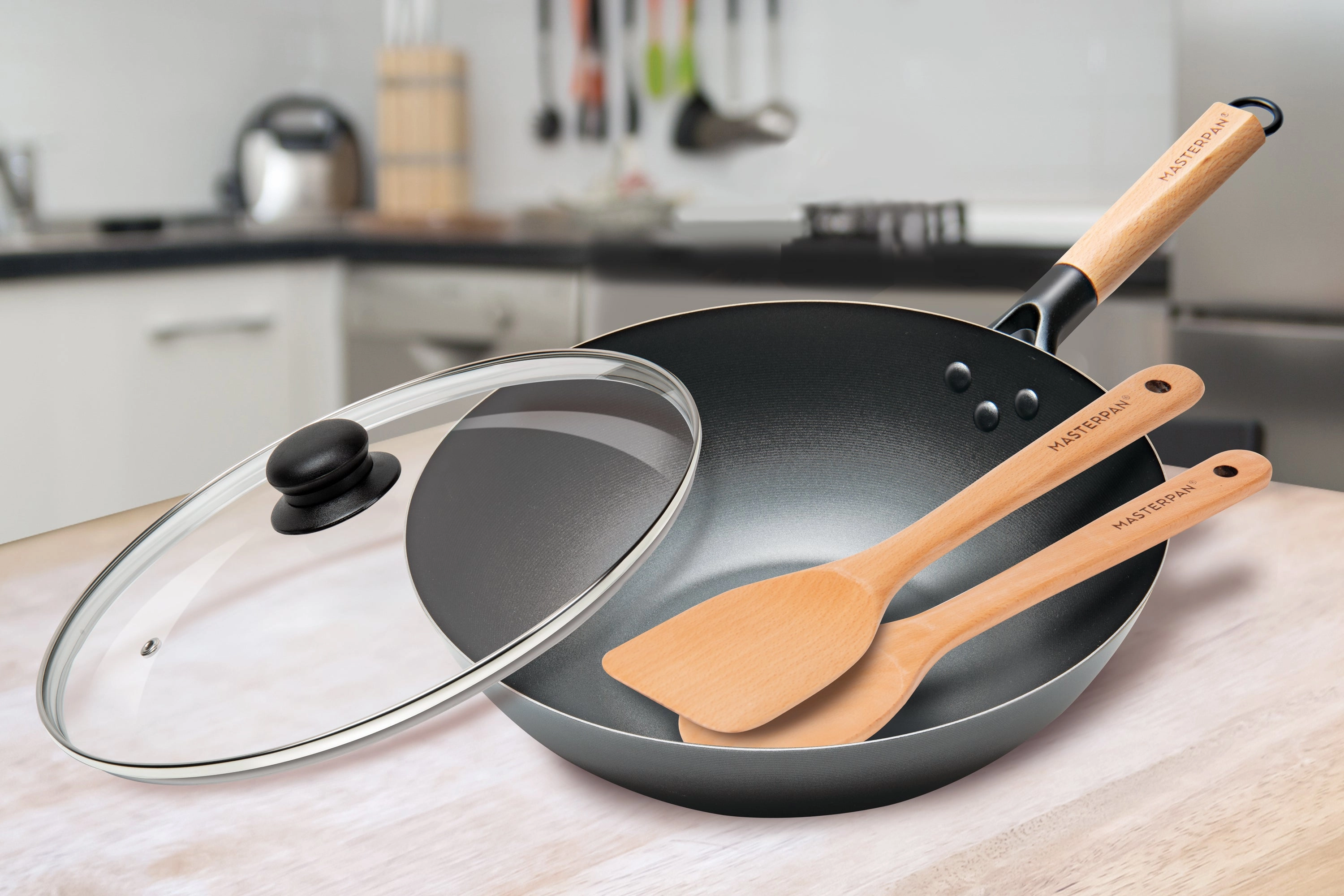 Carbon Steel Wok With Glass Lid & Wooden Utensils, Non-Stick Flat Bottom Asian Stir-Fry Cookware With Wooden Handle, 12 (30Cm)