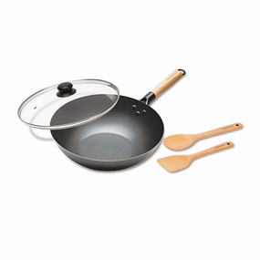 Carbon Steel Wok With Glass Lid & Wooden Utensils, Non-Stick Flat Bottom Asian Stir-Fry Cookware With Wooden Handle, 12 (30Cm) Cookware holiday sale