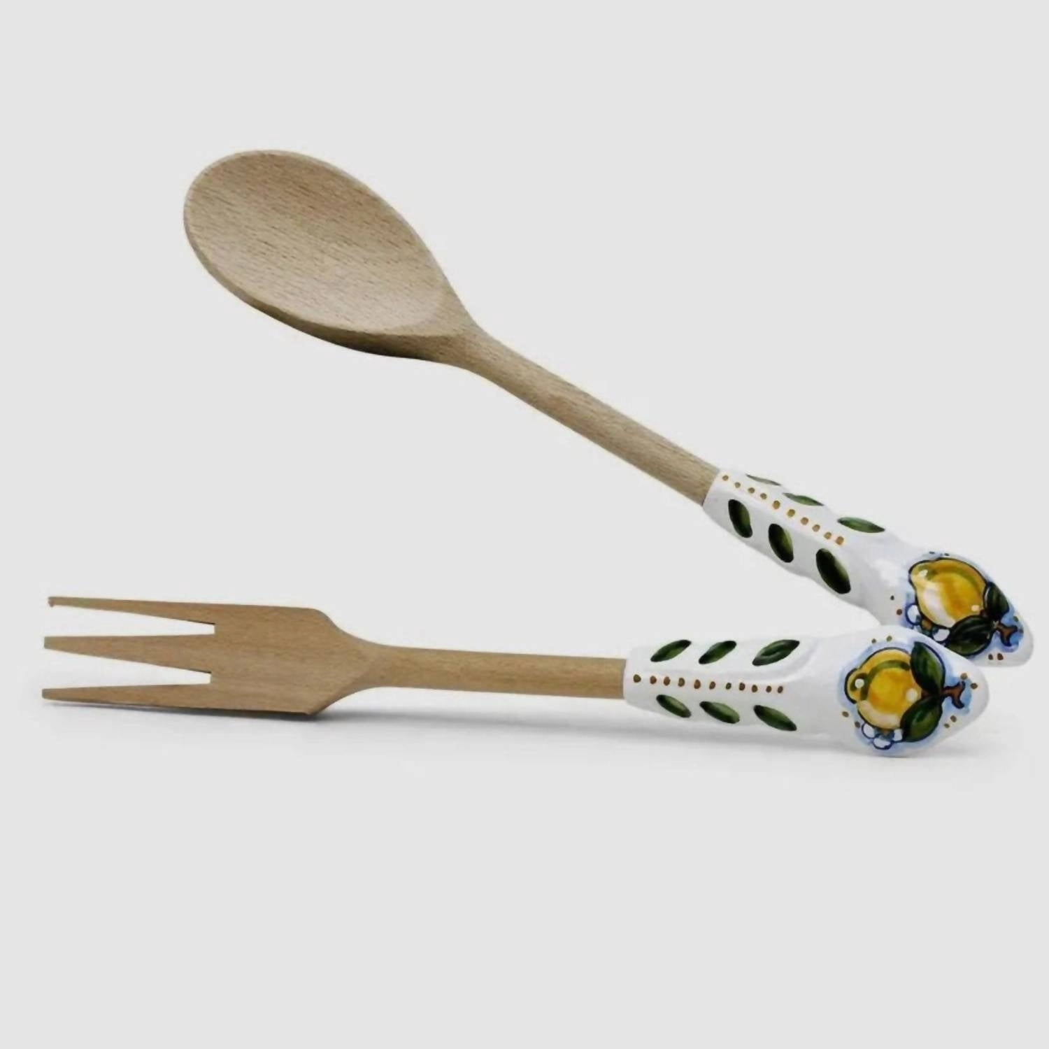 Ceramic Lemon Design Wooden Utensil Set In Positano Lemon